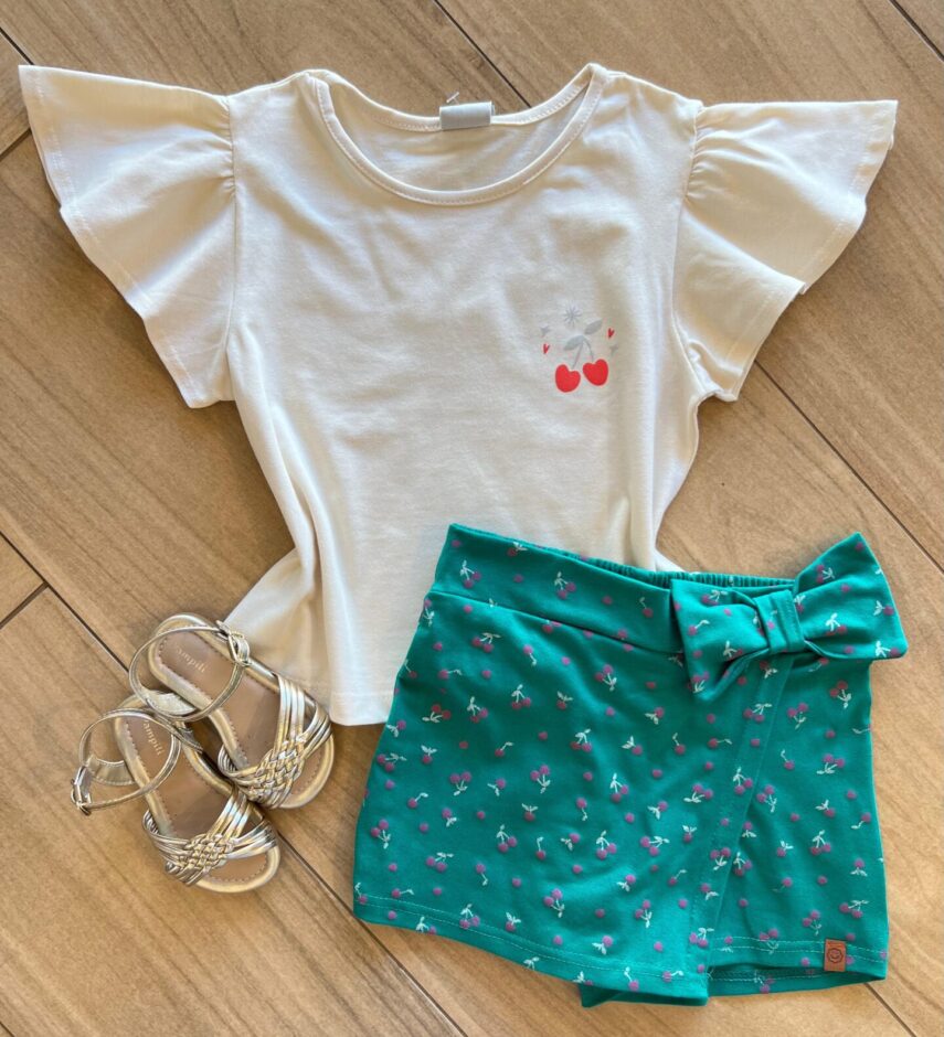Conjunto Infantil Feminino Blusa Short Cereja Verde Fernanda Ramos Kids