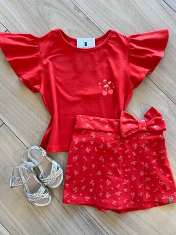 Conjunto Infantil Feminino Blusa Short Cereja Vermelho Fernanda Ramos Kid