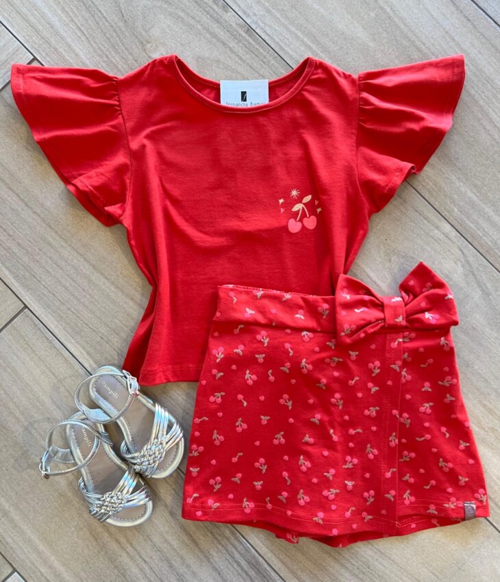 Conjunto Infantil Feminino Blusa Short Cereja Vermelho Fernanda Ramos Kid