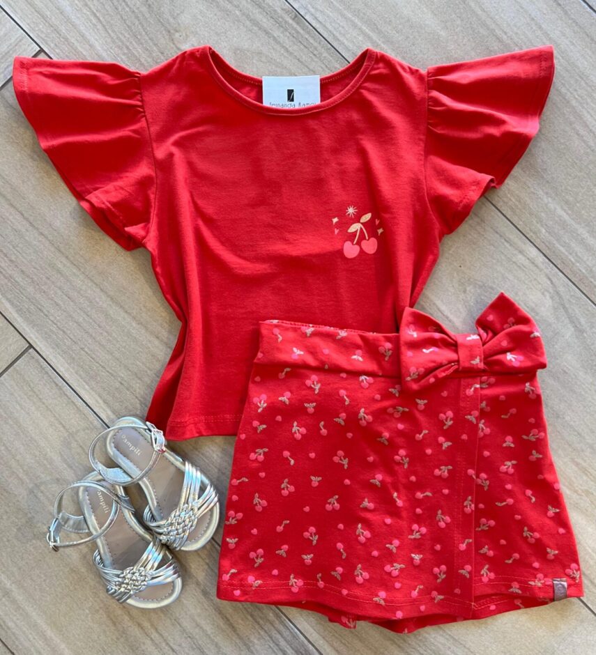 Conjunto Infantil Feminino Blusa Short Cereja Vermelho Fernanda Ramos Kid