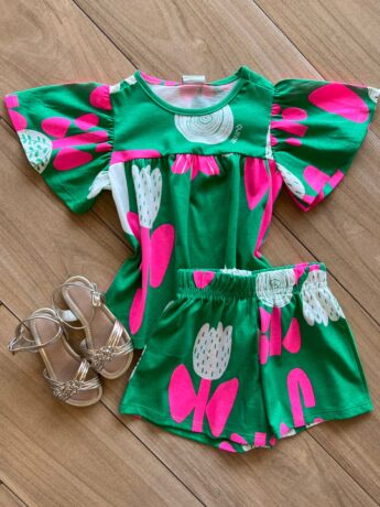 Conjunto Infantil Feminino Blusa Short Verde Bandeira Fernanda ramos kids