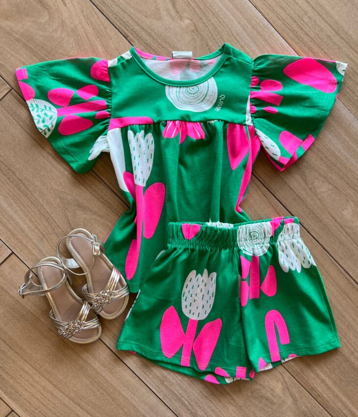 Conjunto Infantil Feminino Blusa Short Verde Bandeira Fernanda ramos kids