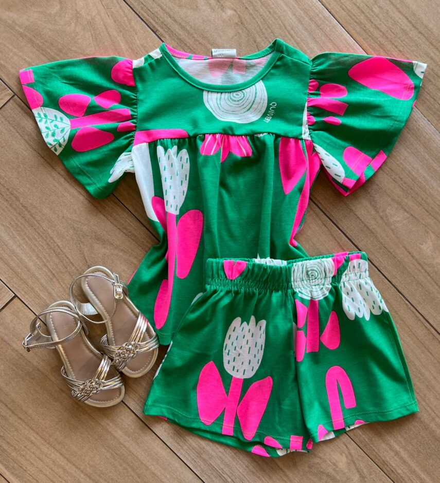 Conjunto Infantil Feminino Blusa Short Verde Bandeira Fernanda ramos kids