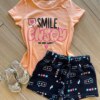 Conjunto Infantil Feminino Blusa Smile Enjoy e Short Estampado Preto Fernanda Ramos Kids