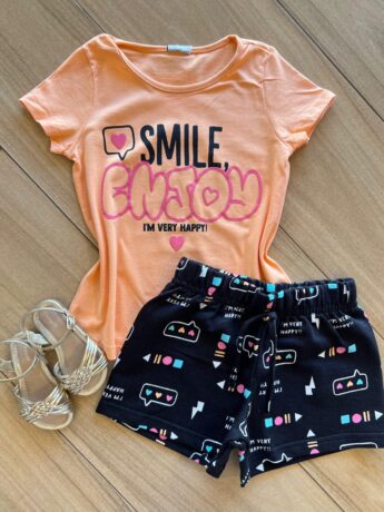 Conjunto Infantil Feminino Blusa Smile Enjoy e Short Estampado Preto Fernanda Ramos Kids