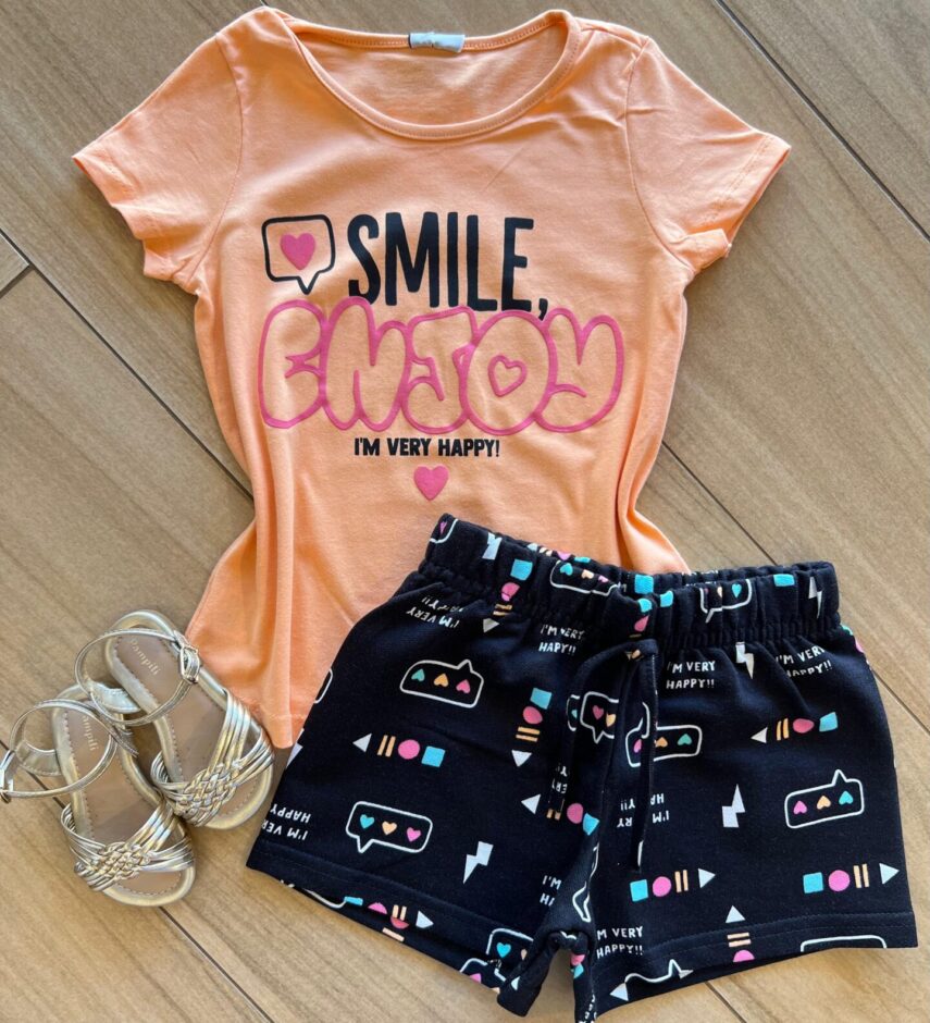 Conjunto Infantil Feminino Blusa Smile Enjoy e Short Estampado Preto Fernanda Ramos Kids