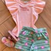 Conjunto Infantil Feminino Blusa Salmão Momentos Alegres e Short Fernanda Ramos Kids