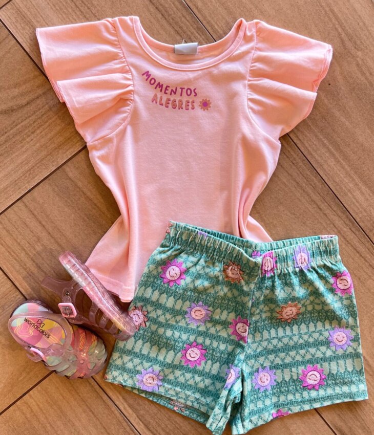 Conjunto Infantil Feminino Blusa Salmão Momentos Alegres e Short Fernanda Ramos Kids