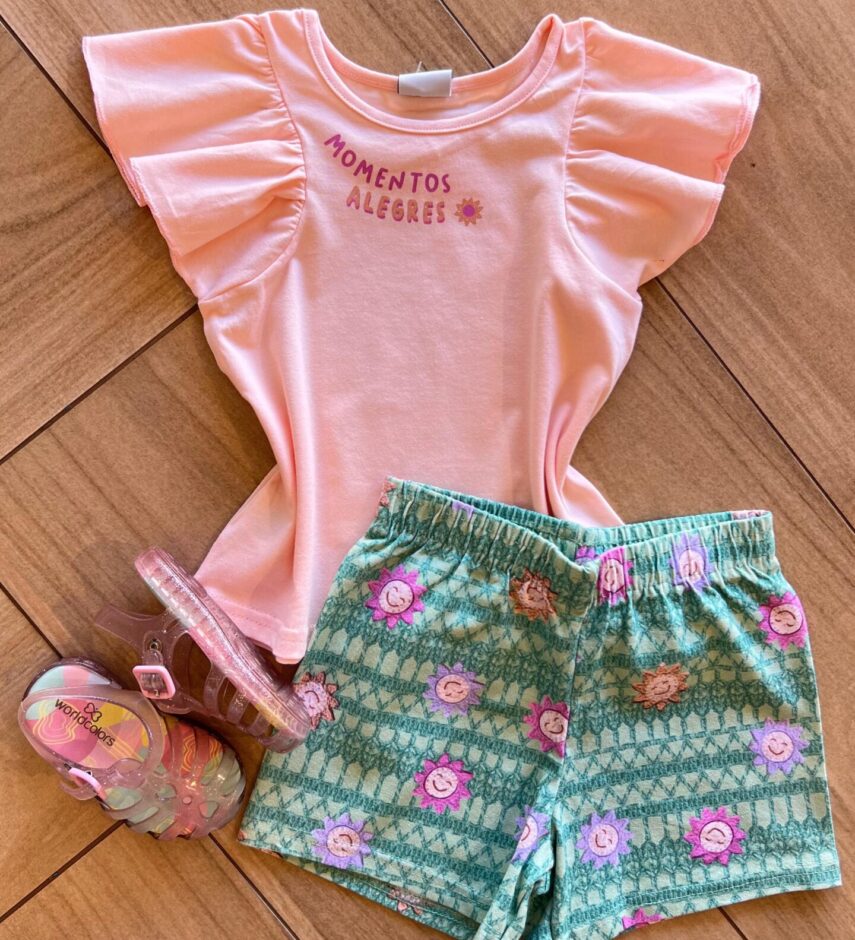 Conjunto Infantil Feminino Blusa Salmão Momentos Alegres e Short Fernanda Ramos Kids