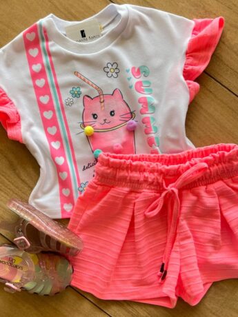 fernandaramoskids com br Conjunto Infantil Feminino Blusa Summer Gatinho e Short Rosa 1