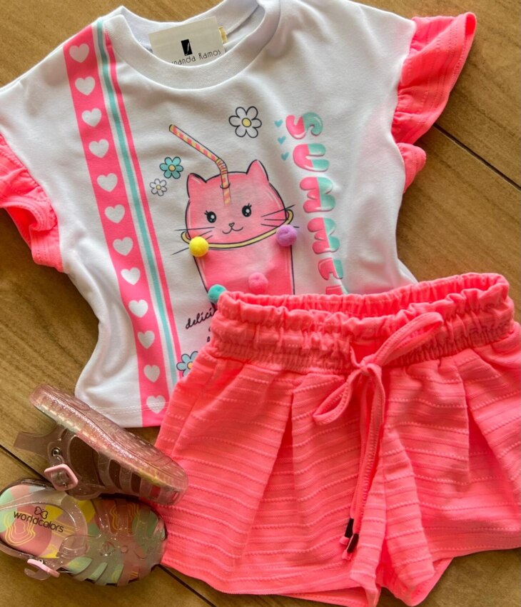 fernandaramoskids com br Conjunto Infantil Feminino Blusa Summer Gatinho e Short Rosa 1