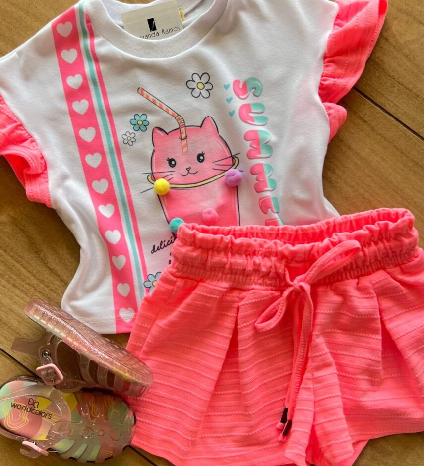 fernandaramoskids com br Conjunto Infantil Feminino Blusa Summer Gatinho e Short Rosa 1