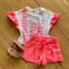 Conjunto Infantil Feminino Blusa Summer Gatinho e Short Rosa Fernanda Ramos Kids