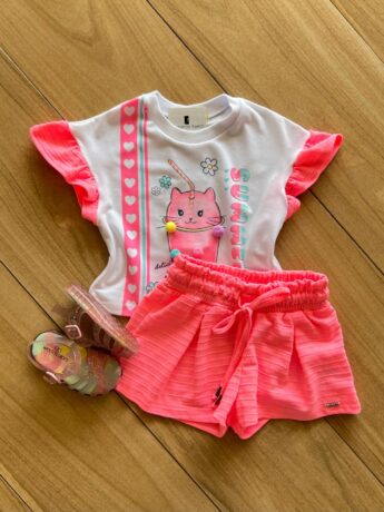 Conjunto Infantil Feminino Blusa Summer Gatinho e Short Rosa Fernanda Ramos Kids