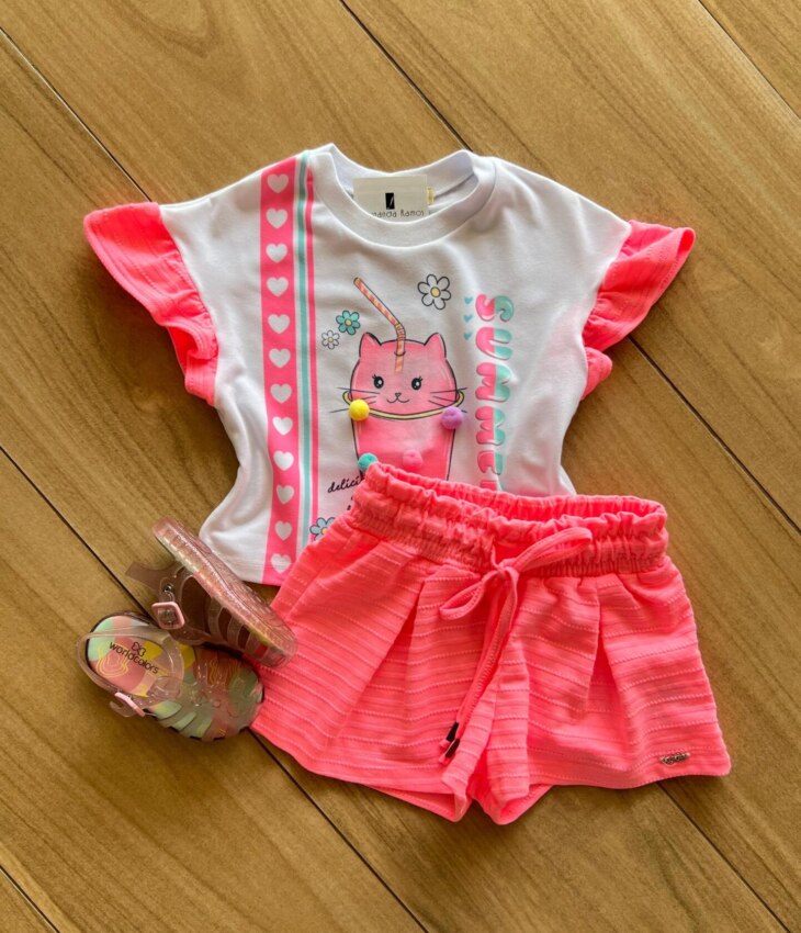 Conjunto Infantil Feminino Blusa Summer Gatinho e Short Rosa Fernanda Ramos Kids