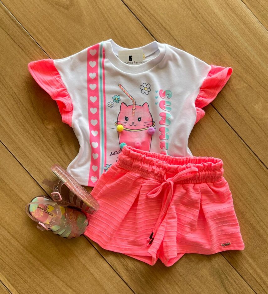 Conjunto Infantil Feminino Blusa Summer Gatinho e Short Rosa Fernanda Ramos Kids
