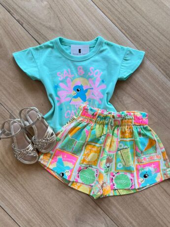 Conjunto Infantil Feminino Blusa Verde e Short Que Calor Estampado Fernanda Ramos Kids