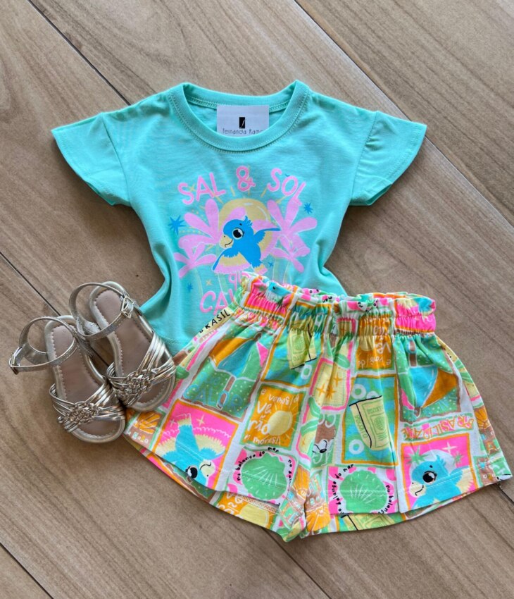 Conjunto Infantil Feminino Blusa Verde e Short Que Calor Estampado Fernanda Ramos Kids