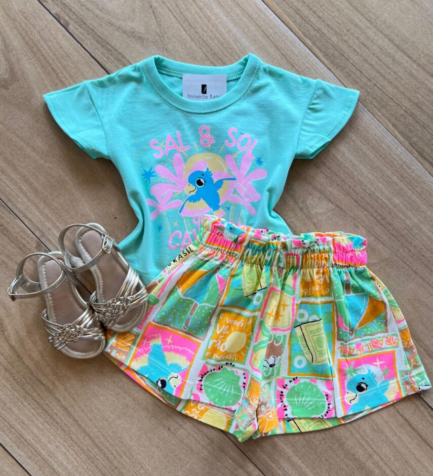 Conjunto Infantil Feminino Blusa Verde e Short Que Calor Estampado Fernanda Ramos Kids