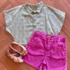 Conjunto Infantil Feminino Blusa Verde e Short Roxo Fernanda Ramos Kids