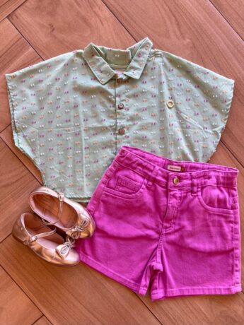 Conjunto Infantil Feminino Blusa Verde e Short Roxo Fernanda Ramos Kids