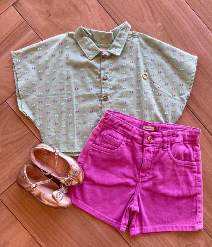 Conjunto Infantil Feminino Blusa Verde e Short Roxo Fernanda Ramos Kids
