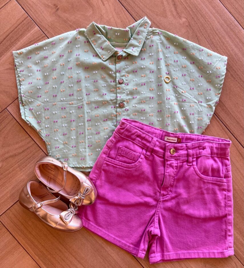 Conjunto Infantil Feminino Blusa Verde e Short Roxo Fernanda Ramos Kids