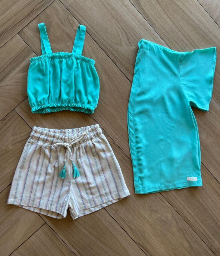 Conjunto Infantil Feminino Kimono Top e Short Listra Colorida Fernanda Ramos Kids