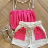 Conjunto Infantil Feminino Regata Alça em Cordão Rosa e Short Fernanda Ramos Kids