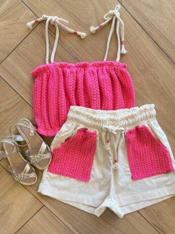 Conjunto Infantil Feminino Regata Alça em Cordão Rosa e Short Fernanda Ramos Kids