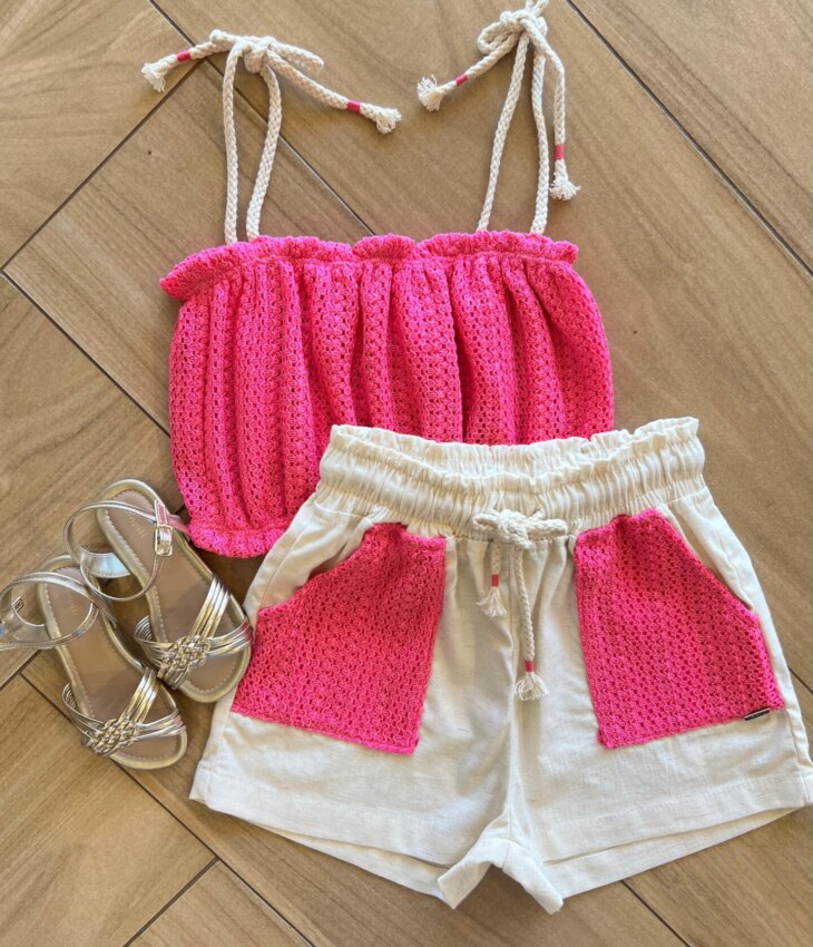 Conjunto Infantil Feminino Regata Alça em Cordão Rosa e Short Fernanda Ramos Kids