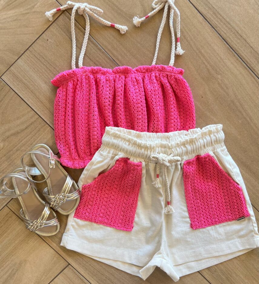 Conjunto Infantil Feminino Regata Alça em Cordão Rosa e Short Fernanda Ramos Kids