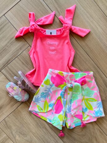 Conjunto Infantil Feminino Regata Cherry e Short Estampado Fernanda Ramos Kids