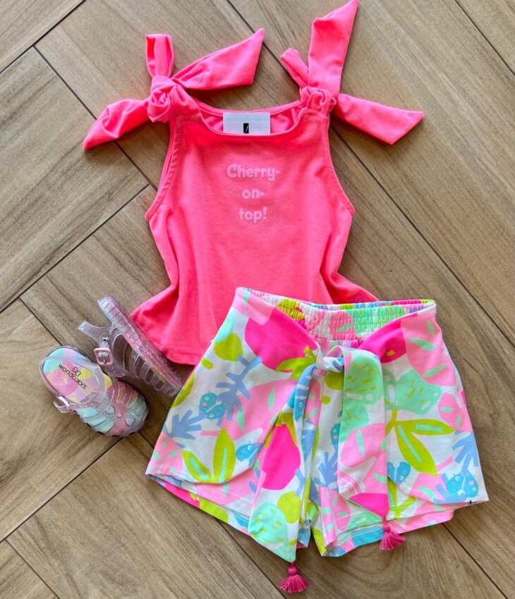 Conjunto Infantil Feminino Regata Cherry e Short Estampado Fernanda Ramos Kids