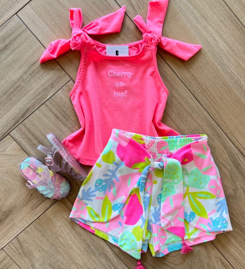 Conjunto Infantil Feminino Regata Cherry e Short Estampado Fernanda Ramos Kids