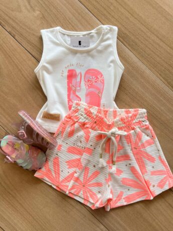Conjunto Infantil Feminino Regata Chinelo Rosa e Short Fernanda Ramos Kids