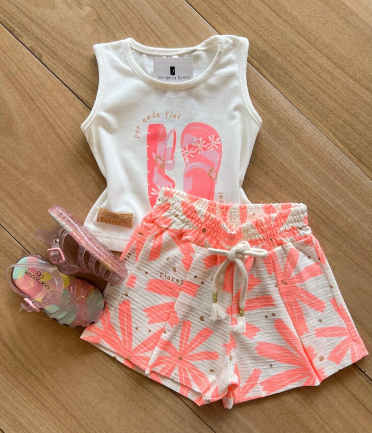 Conjunto Infantil Feminino Regata Chinelo Rosa e Short Fernanda Ramos Kids