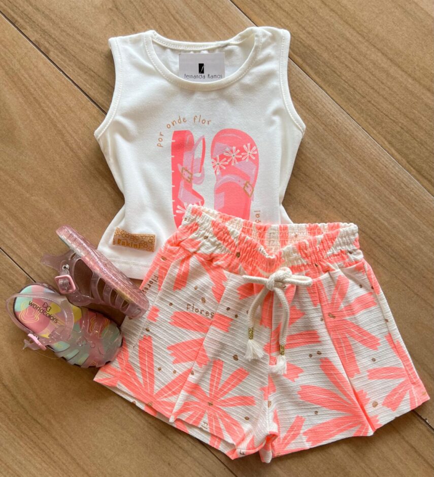 Conjunto Infantil Feminino Regata Chinelo Rosa e Short Fernanda Ramos Kids