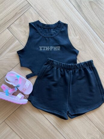 Conjunto Infantil Feminino Regata Cropped com Strass e Short Preto Fernanda Ramos Kids