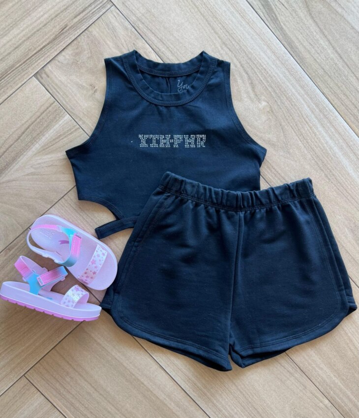 Conjunto Infantil Feminino Regata Cropped com Strass e Short Preto Fernanda Ramos Kids