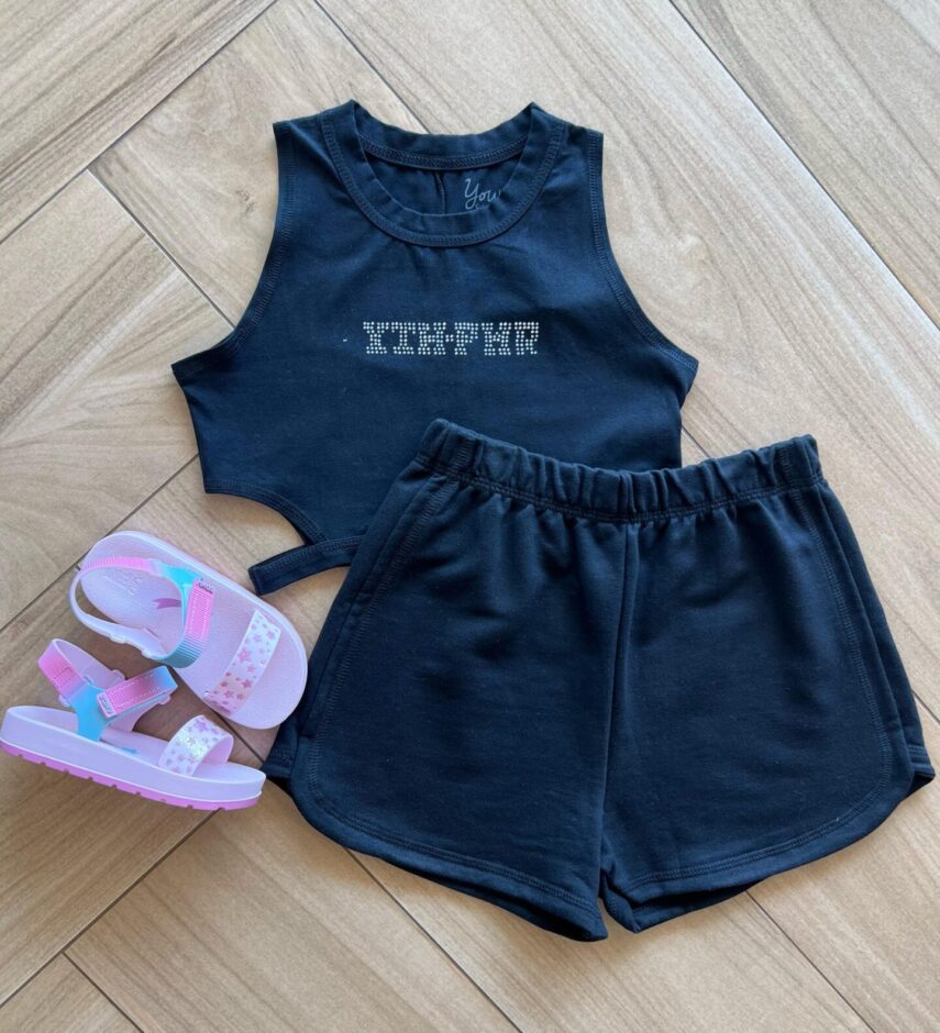 Conjunto Infantil Feminino Regata Cropped com Strass e Short Preto Fernanda Ramos Kids