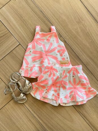 Conjunto Infantil Feminino Regata e Short Estampa Florescer Rosa Fernanda Ramos Kids