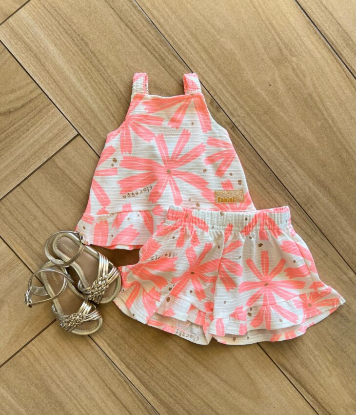 Conjunto Infantil Feminino Regata e Short Estampa Florescer Rosa Fernanda Ramos Kids