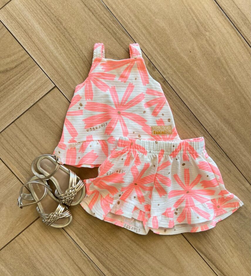 Conjunto Infantil Feminino Regata e Short Estampa Florescer Rosa Fernanda Ramos Kids
