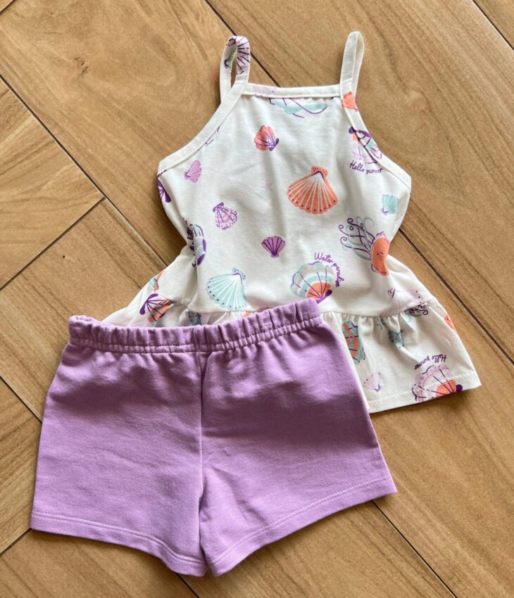 Conjunto Infantil Feminino Regata Fundo do Mar e Short Lilás Fernanda Ramos Kids