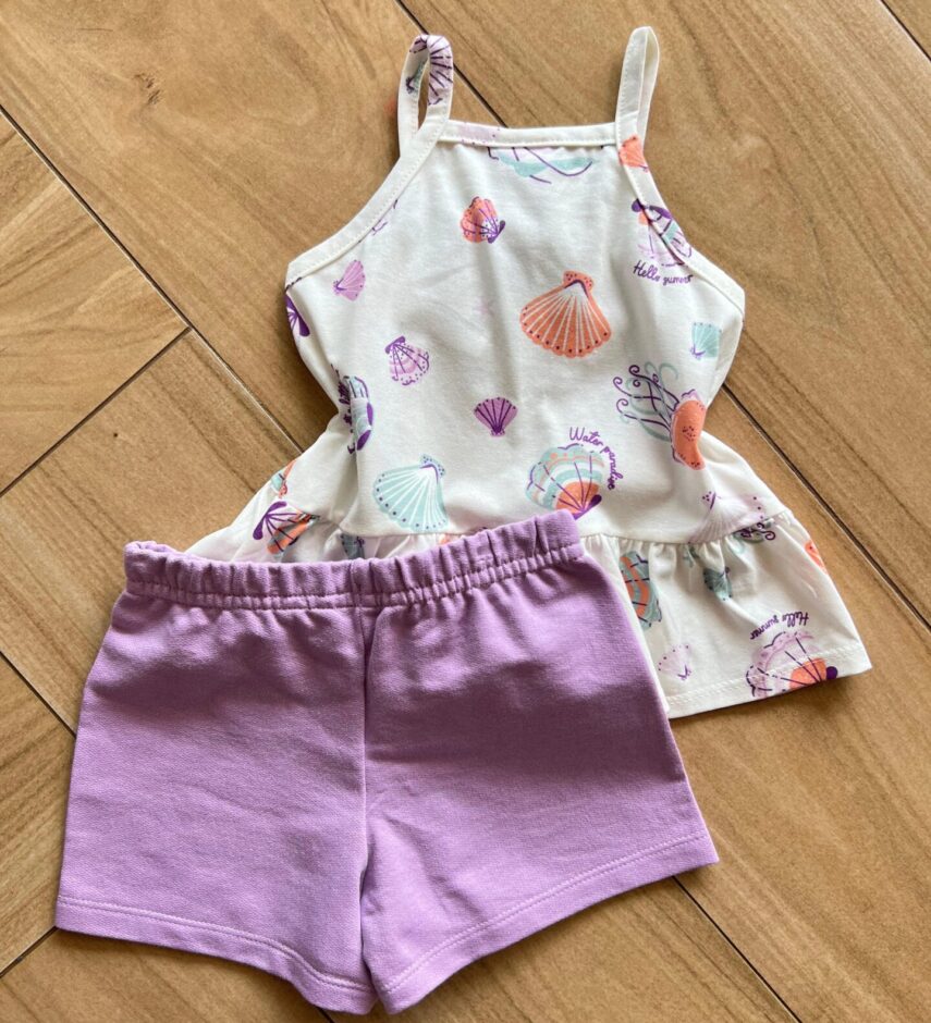 Conjunto Infantil Feminino Regata Fundo do Mar e Short Lilás Fernanda Ramos Kids