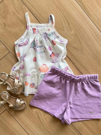 Conjunto Infantil Feminino Regata Fundo do Mar e Short Lilás Fernanda Ramos Kids