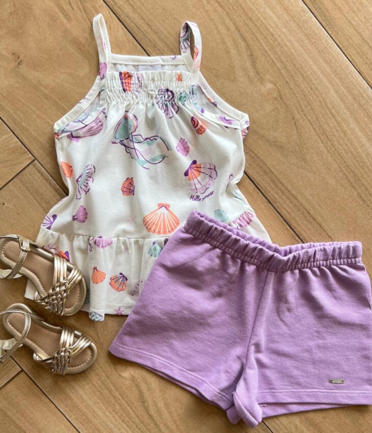 Conjunto Infantil Feminino Regata Fundo do Mar e Short Lilás Fernanda Ramos Kids