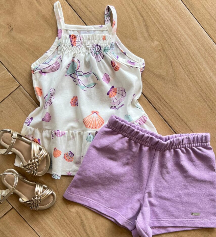 Conjunto Infantil Feminino Regata Fundo do Mar e Short Lilás Fernanda Ramos Kids