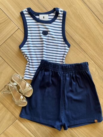 Conjunto Infantil Feminino Regata Listrada e Short Azul Escuro Fernanda Ramos Kids